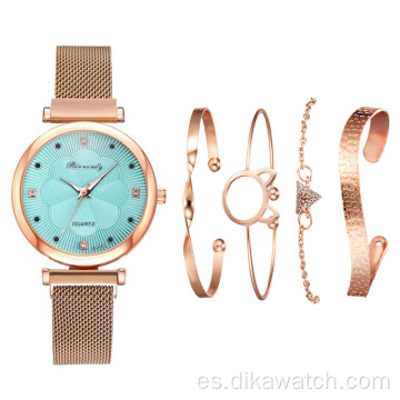 5 piezas de reloj de moda para mujer, conjunto de regalo, pulsera fina de oro rosa, conjuntos de relojes de cuarzo para niñas, reloj de pulsera informal de malla de acero inoxidable